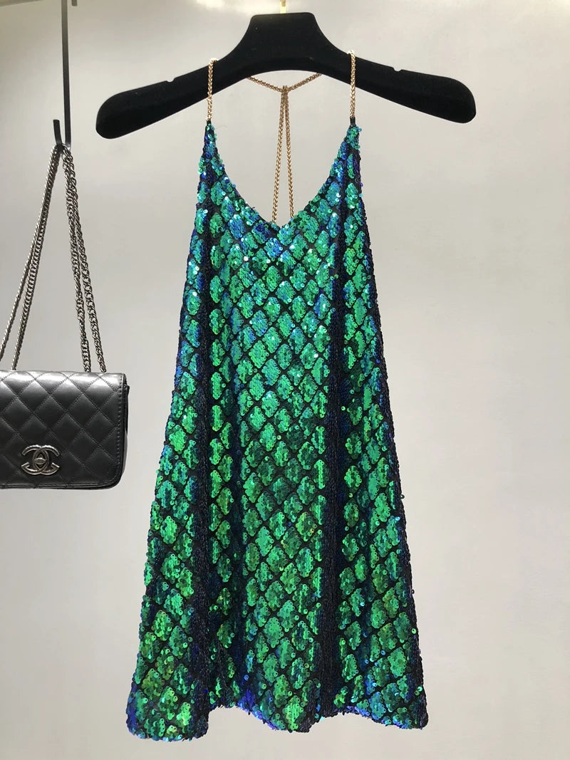 Sexy Dresses Party Night Club Dress 2020 Dress Summer Metal Hanging Neck Sequins Backless Holiday Skirt with Shoulder-straps
