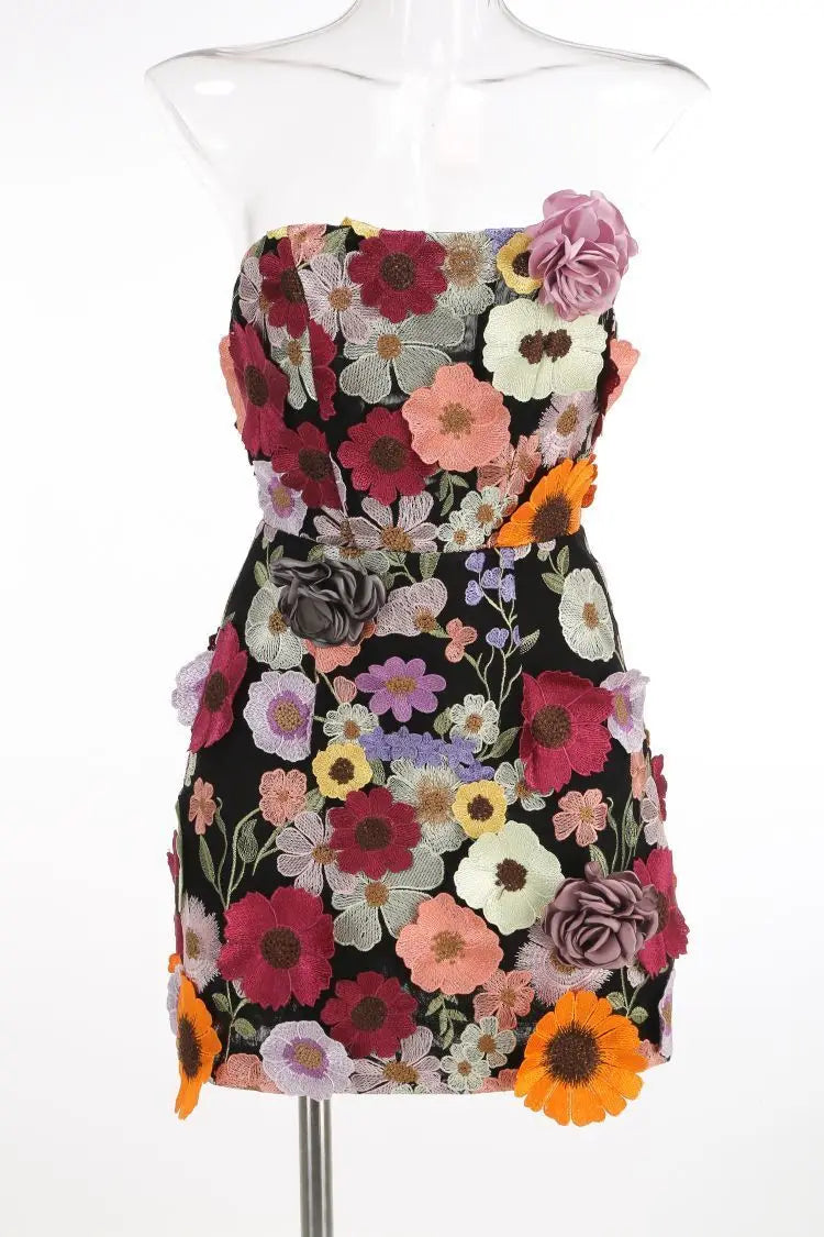 Women's 3D Floral Embroidery Backless Sleeveless Mini Dress Self Tie Evening Gown Elegant Short Dress for Party Cocktail Wedding