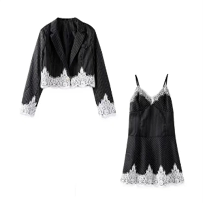 Fashion Striped 2 Piece Sets Women Outfit Spring Clothing Women Lace Patchwork Blazer V-Neck Mini Dress Sets Two Piece Woman Set