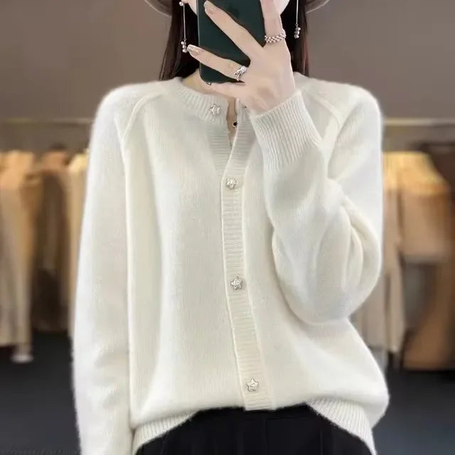 New Women Cardigan Sweater Autumn/Winter Round Neck Star Button Solid Knit Bottoming Shirt Jacket Quality Knitwear Female Tops