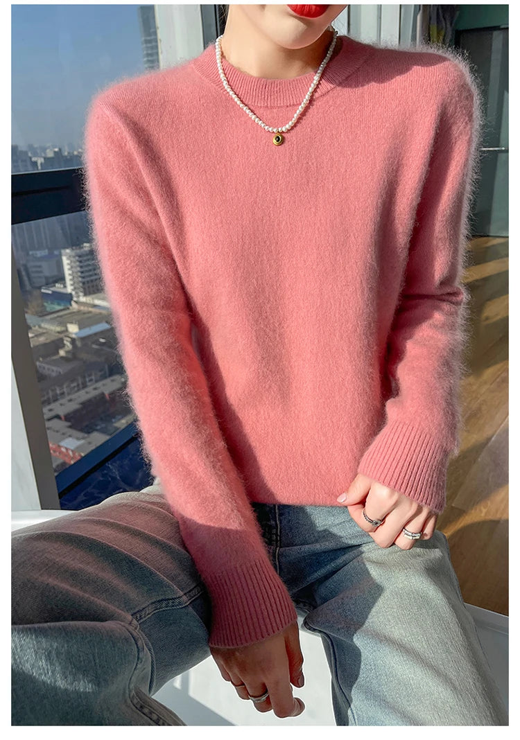 Autumn and winter women's semi high neck pullover sweater solid color knitted slim fit women's 100 mink cashmere sweater new sty
