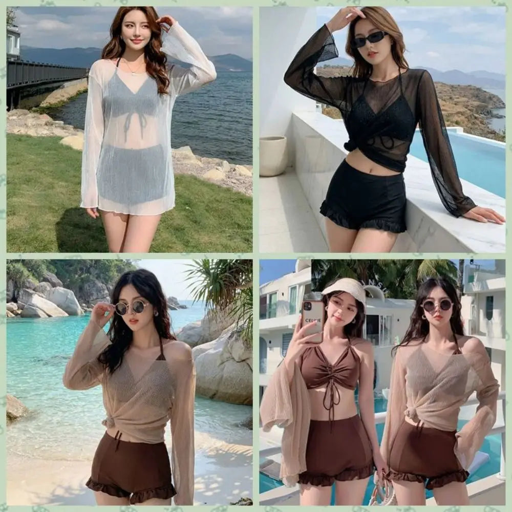 Beachwear Ruffles Bikini Set Transparent Pullover Lace-up Long Sleeve Swimsuit Sun Protection Slim Fit Swimming Suit For Women