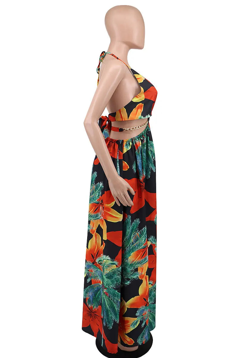 CM.YAYA Elegant Women Floral Halter V-neck Backless Cut Out Waist Chain Sleeveless High Side Split Fit Flare Maxi Long Dresses