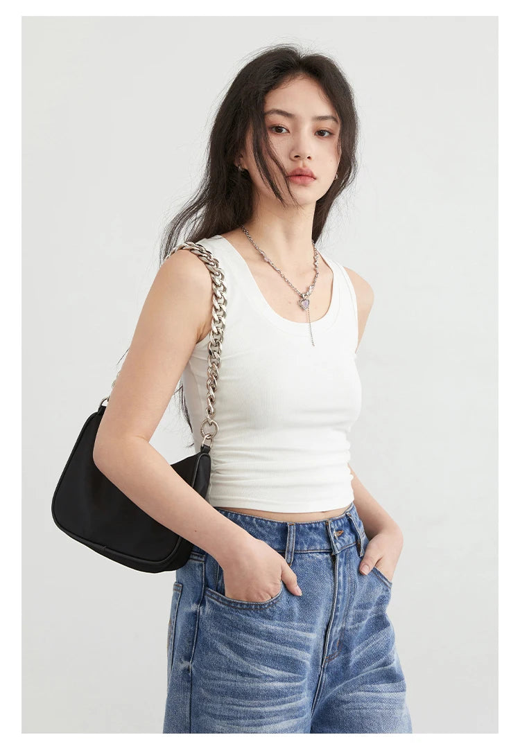 CHIC VEN Women Tanks New Solid Color Tees U-neck Pleated Vest Suspender Sleeveless Slim Female Top Spring Summer 2024