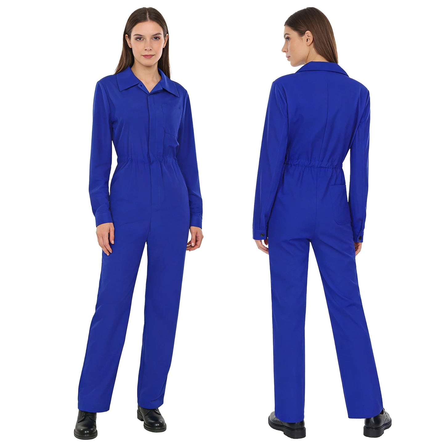 Womens Coverall Solid Color Turn-Down Collar Long Sleeve Button Jumpsuit Mechanic Work Overalls Fashion Casual Cargo Rompers