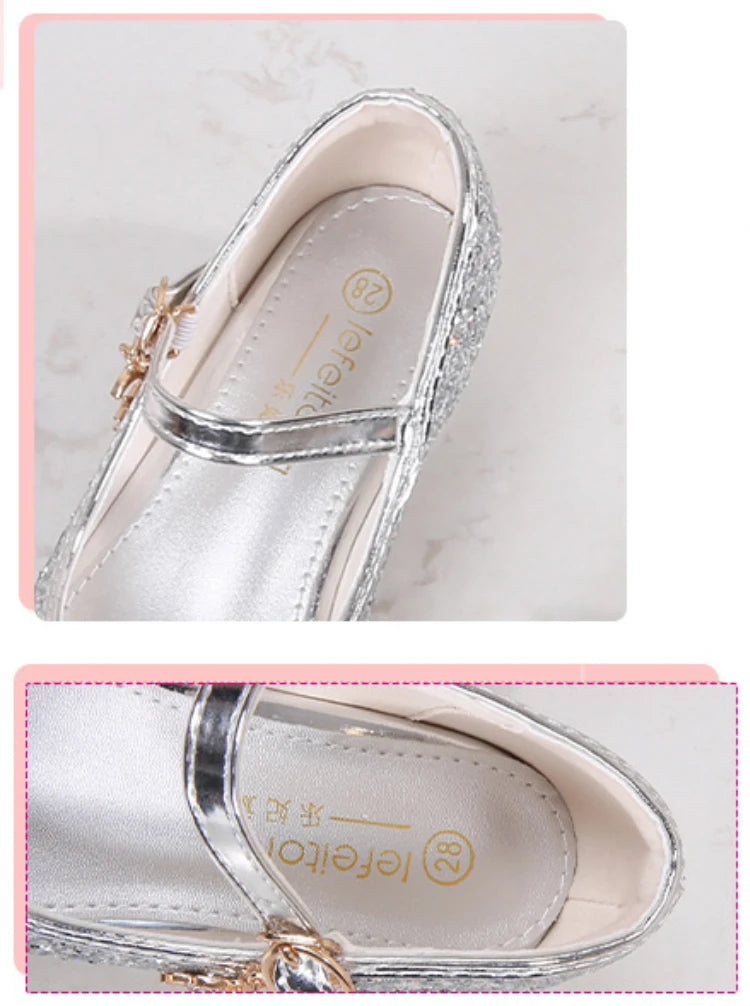 Classic Children High Heels Leather Shoes Fashion Sequins Elegant Kids Girls Wedding Shoes Princess Party Dress Single Shoes