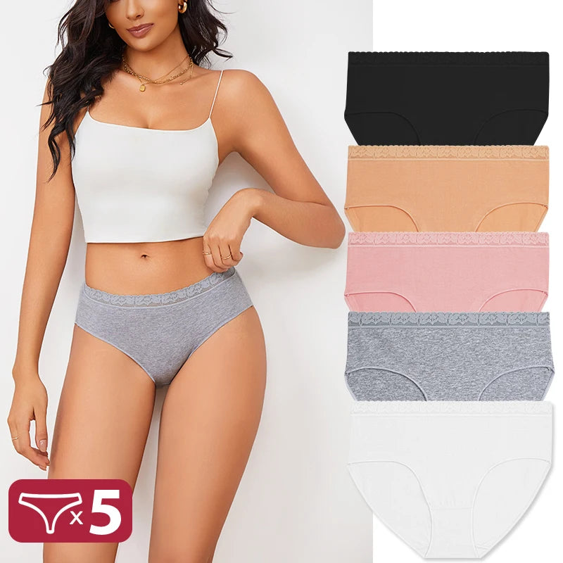 FINETOO 5PCS/Set Women Cotton Panties Sexy Low Waist Briefs Lace Cotton Female Comfortable Underwear Solid Color Soft Lingerie