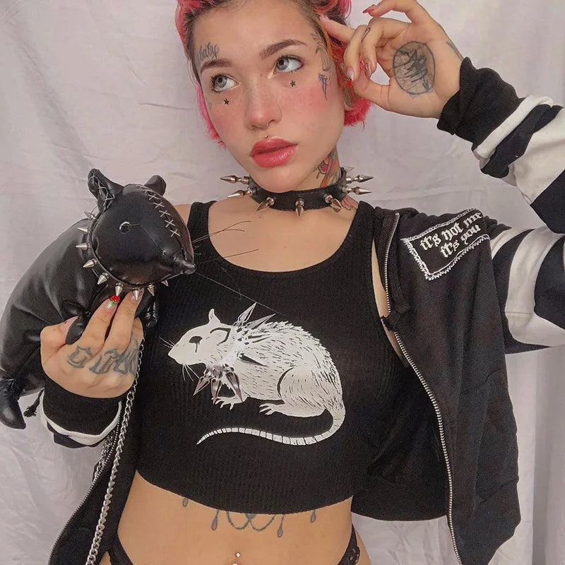 Mouse Print Black Tank Goth Sexy Bodycon Cropped Tops Women Streetwear Harajuku O Neck Knitted Basic Tank Top