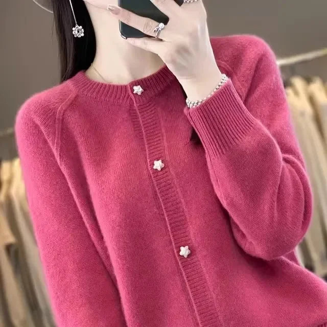 New Women Cardigan Sweater Autumn/Winter Round Neck Star Button Solid Knit Bottoming Shirt Jacket Quality Knitwear Female Tops