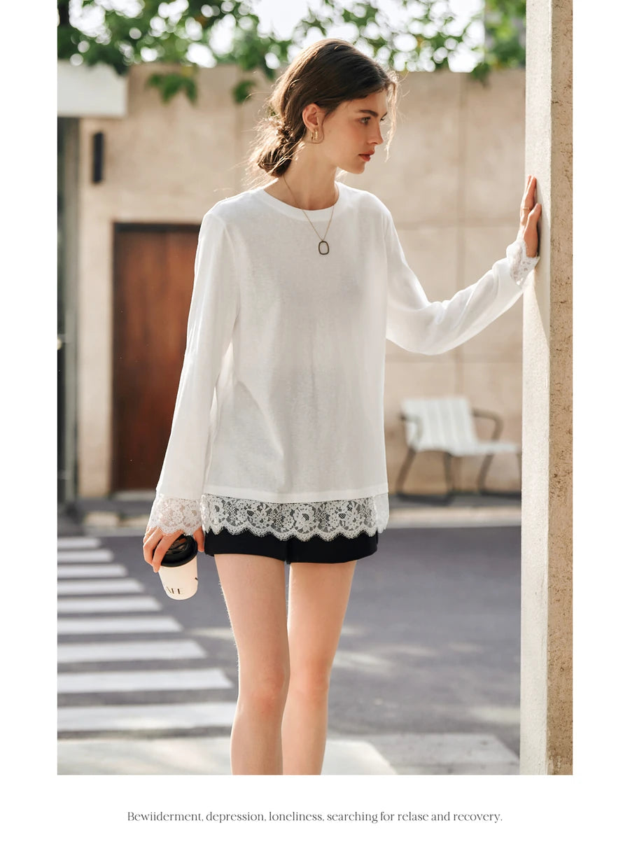 OLrain Cotton White T-shirt Women 2026 Autumn Casual Loose Tee Shirt Crewneck Lace Long Sleeve Tops Woman Clothing N57CT95669