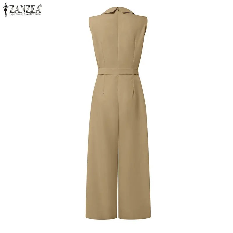 Fashion Women Jumpsuits ZANZEA 2026 Summer Rompers Lapel Neck Sleeveless Playsuit Elegant OL Work Wide Leg Overalls Trousers