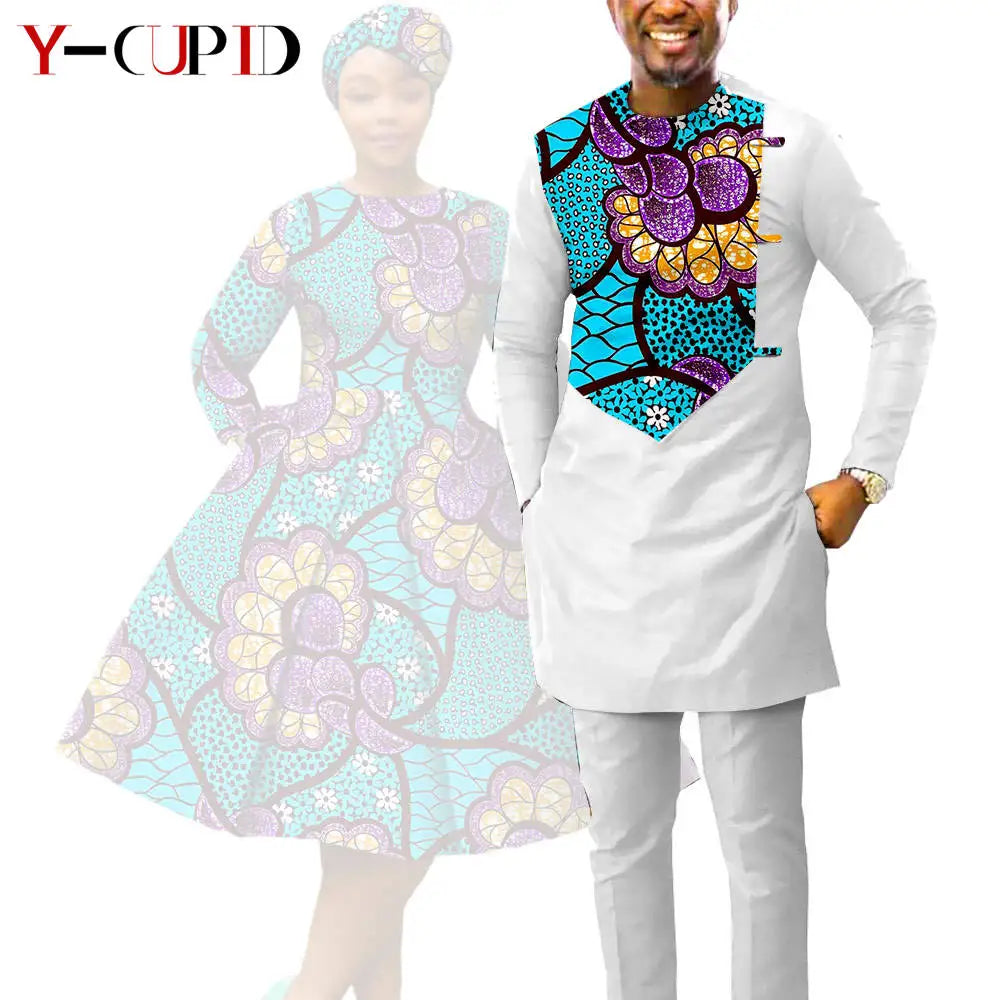 African Print Dresses for Women with Headwrap Matching Couple Outfits Dashiki Men Long Sleeve Pathwork Top and Pant Sets Y23C004