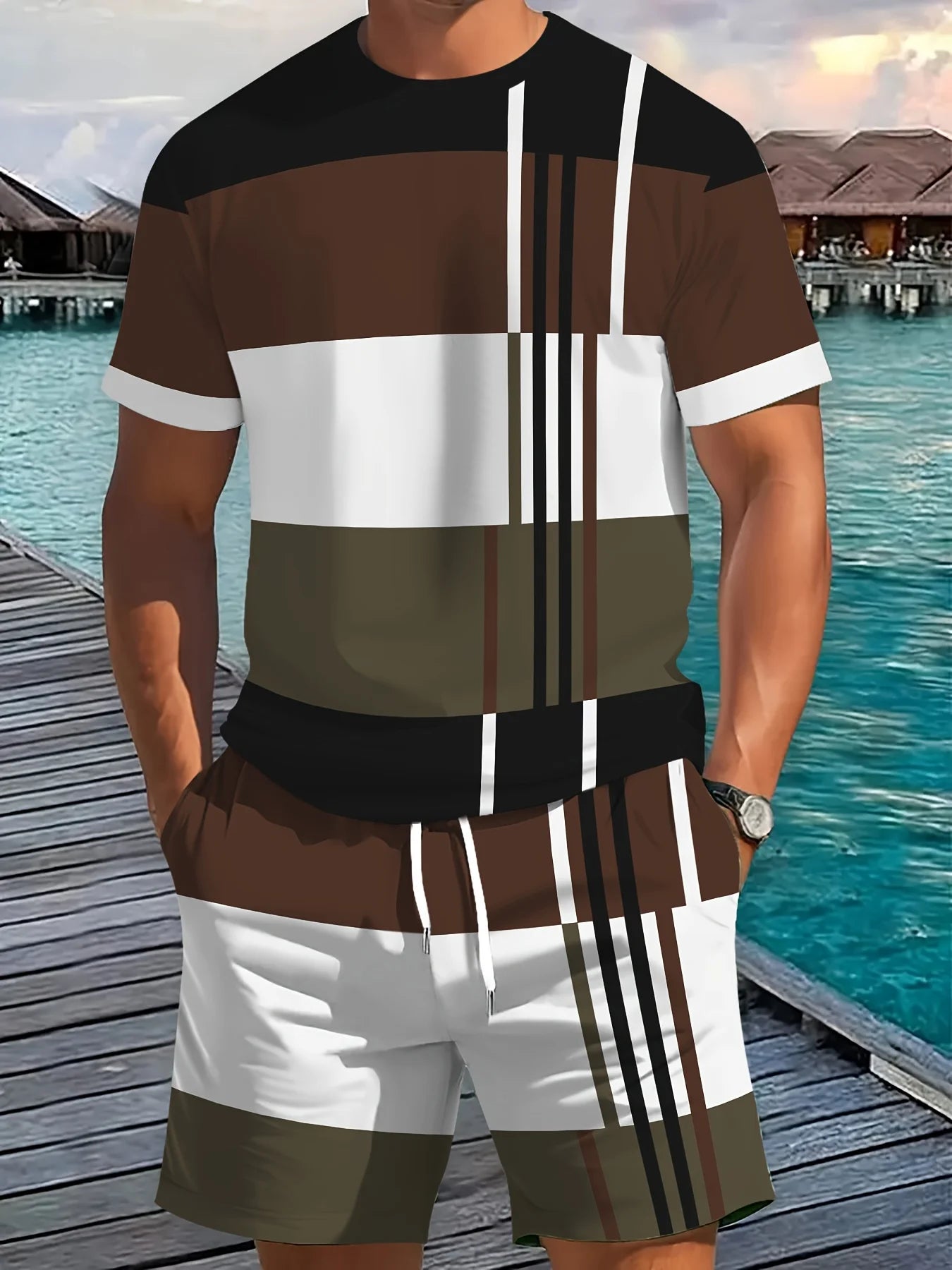 New Summer Men's Sportswear Striped Short-Sleeve T-Shirt Set Two-Piece Outdoor Travel Apparel Relaxed-Fit Shorts Training Wear