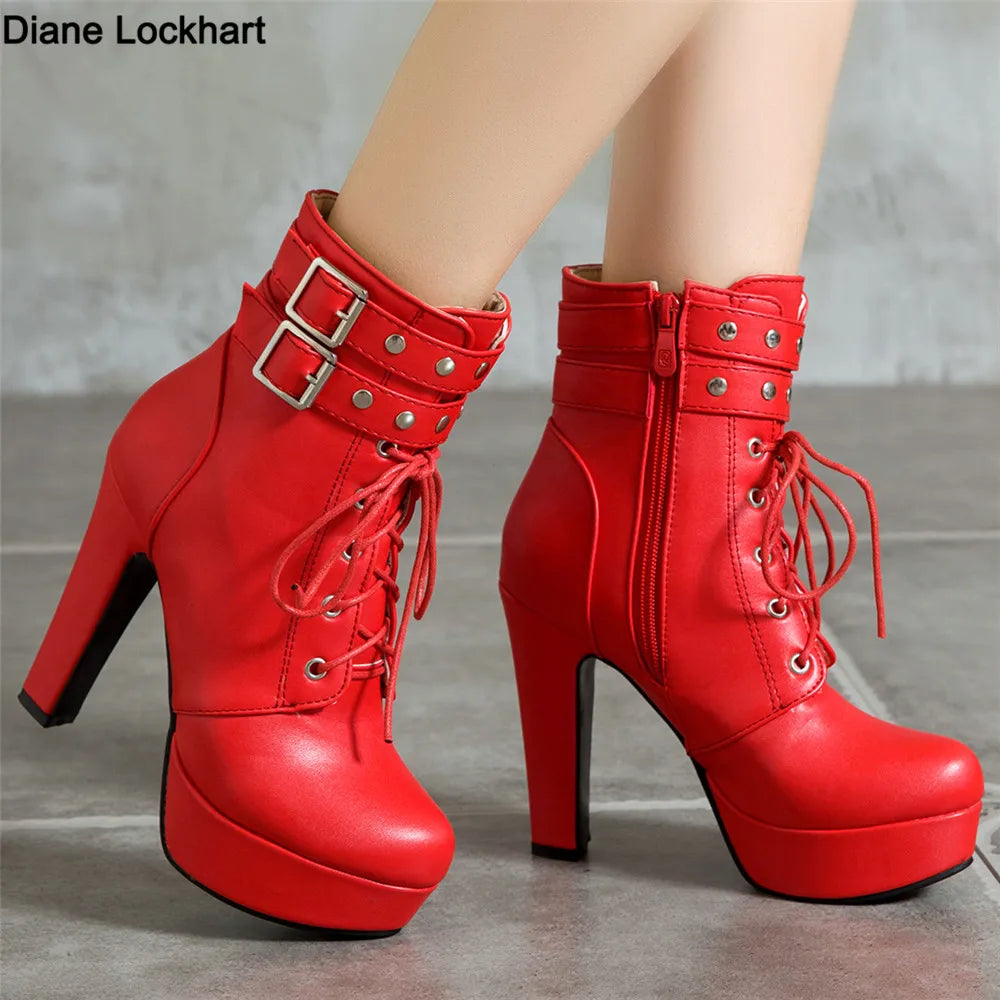 Women Ankle Boots Platform Lace-Up High Heels Short Boot Female Buckle Autumn Winter Red Yellow White Sexy Shoes Large Size34-46
