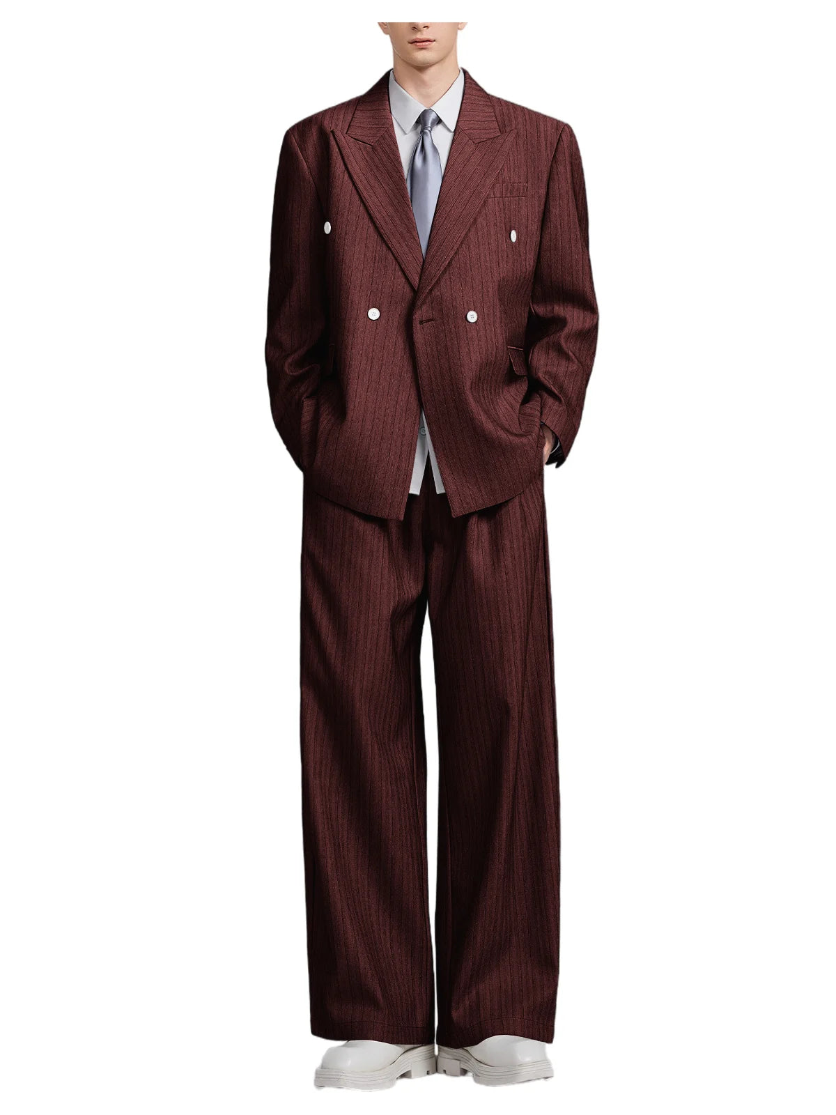 Men's Pinstripe 2-Piece Suit Notch Lapel Jacket Loose Fit Double Breasted Blazer Wide Leg Trousers for Formal Business Casual