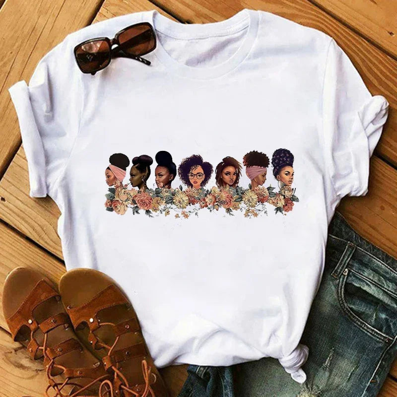 Fashion Print T-shirt Kawaii Melanin T Shirt Women Funny Black African Curly Hair Girl Graphic Tees Aesthetic Tshirt Female