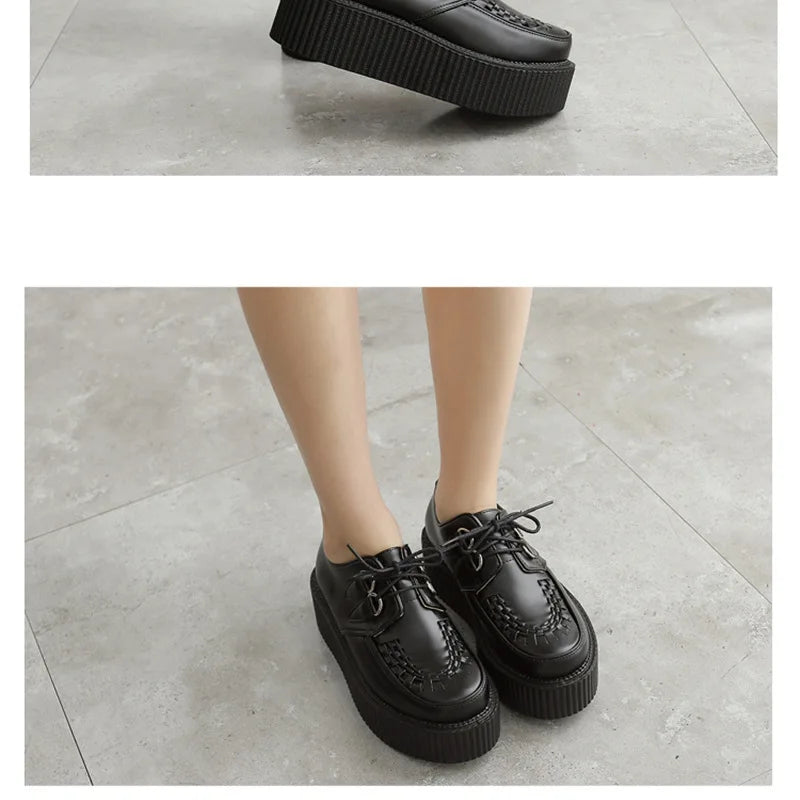 Black Harajuku Shoes Classic Lace UP Wedge Heels Platforms Creepers Punk Shoes Casual High Heels Women Platform Shoes