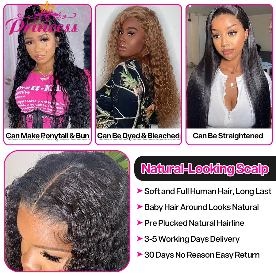 Princess Hair 13x4 Deep Wave Lace Front Wigs Human Hair Pre Plucked HD Transparent Lace Frontal Wigs Human Hair for Black Women