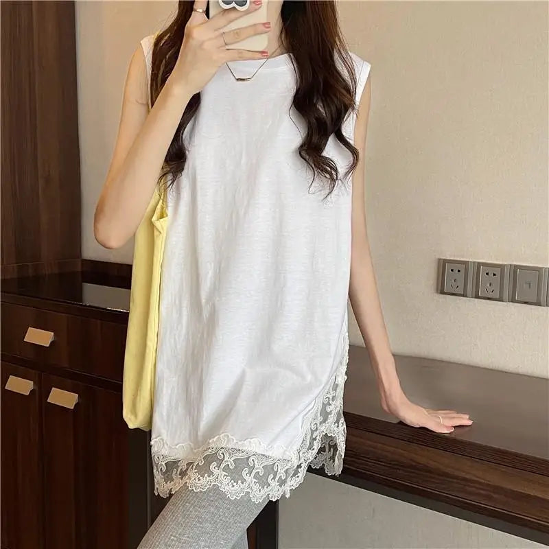 White Tanks Women Solid Lace Sleeveless Loose Tops Leisure Daily Korean Fashion Ins Harajuku Summer Simple 3XL Trendy Basics