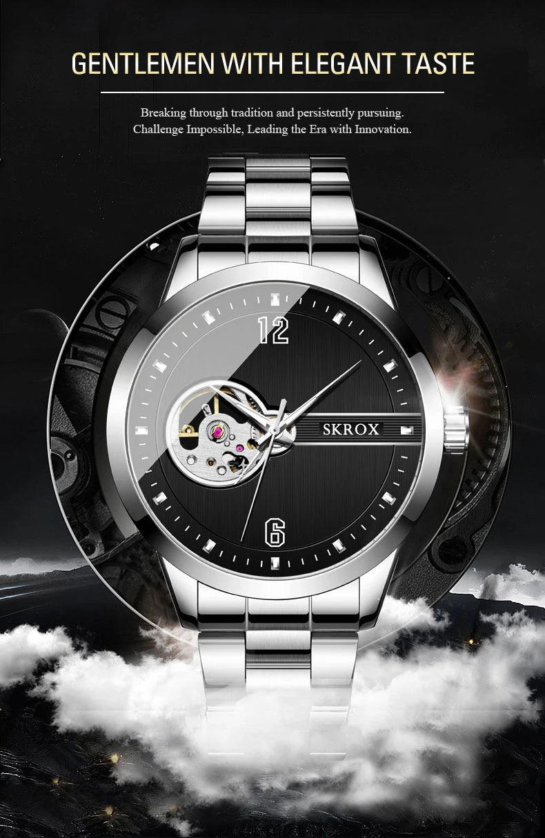 Original Genuine SKROX High-end Luxury Stainless Steel Skeleton Automatic Mens Watch Mechanical Waterproof Elegant Wrist Watches