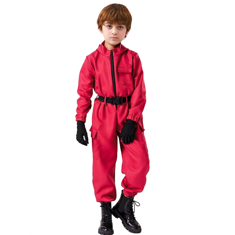 TV game red jumpsuit set (gloves+camisole+jumpsuit) - breathable role-playing set for men and women's role-playing party wear