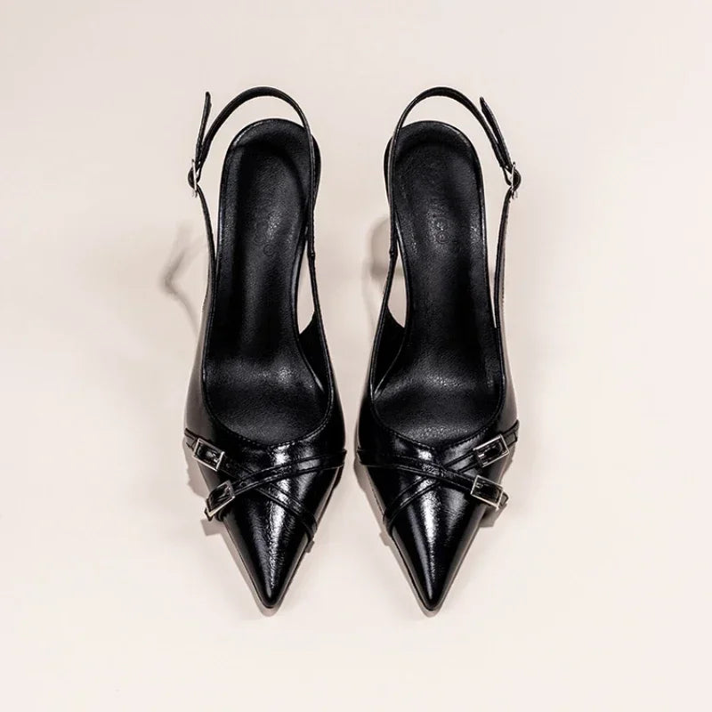 Summer Elegant Buckle Decorated Black Stiletto Women's Sandals Fashion Pointed Toe Shallow Mouth New Sexy High Heels