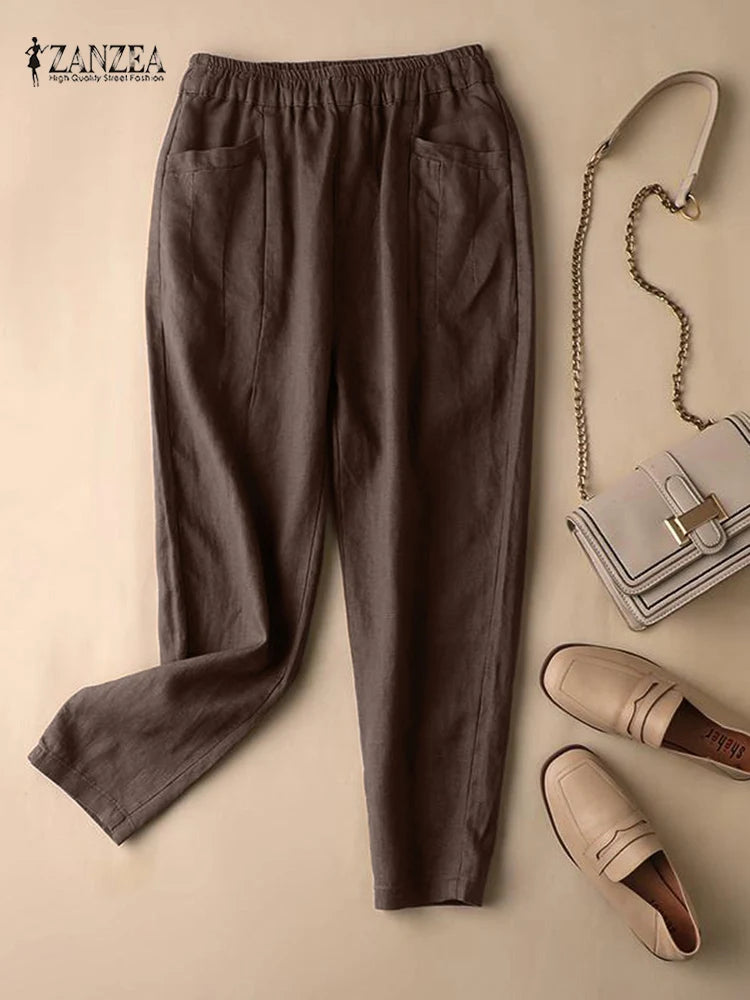 ZANZEA Summer Trousers Women Vintage Cotton Pants Elastic Waist Solid Harem Pant Casual Loose Pantalon Oversize Turnip Palazzo