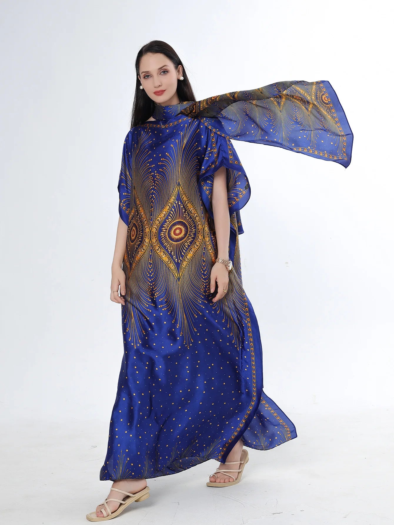 Summer New Fashion African Dresses For Women Elegant Printed Silk Muslim Lady Long Hijab Kaftan Dress Oversize Kuwait Abaya