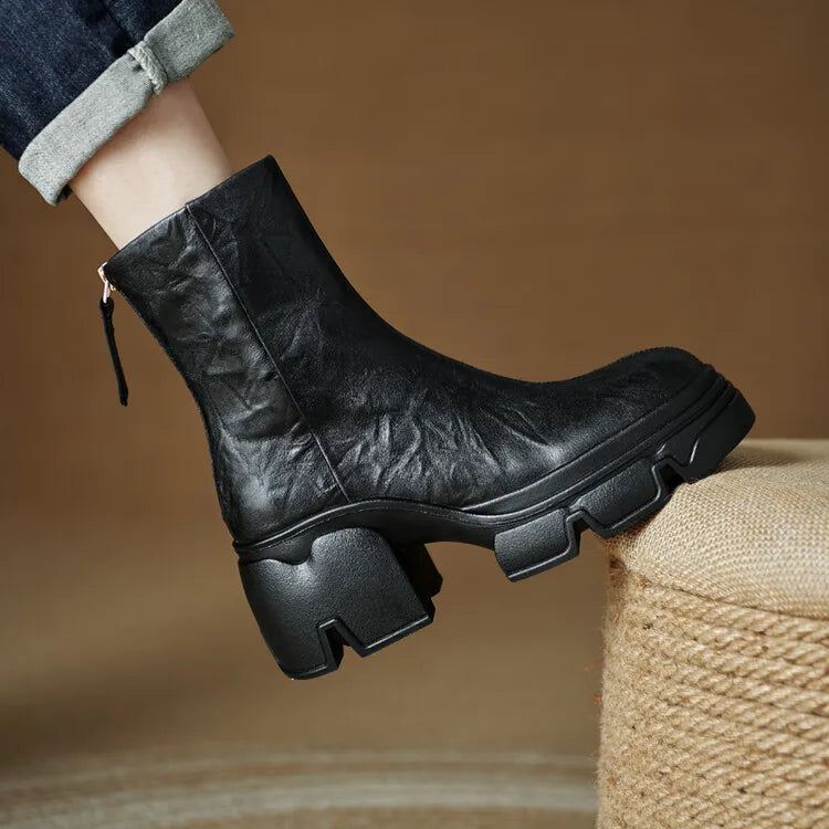 NEW Autumn Women Boots Genuine Leather Shoes for Women Round Toe Chunky Heel Shoes Concise Zip Platform Boots Soft Daily Shoes