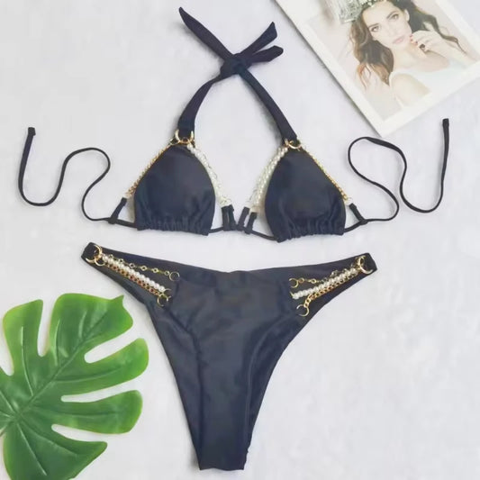 Bikini swimsuit with separate metal cover-up, women's halter neck backless swimwear made of highly elastic fabric
