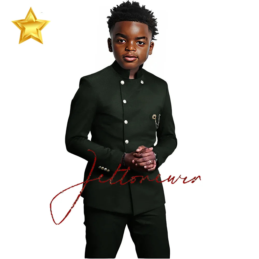 Elegant African Style Boy's Suit Stand Collar Blazer and Pants 2 Piece Casual Business Kids Wear