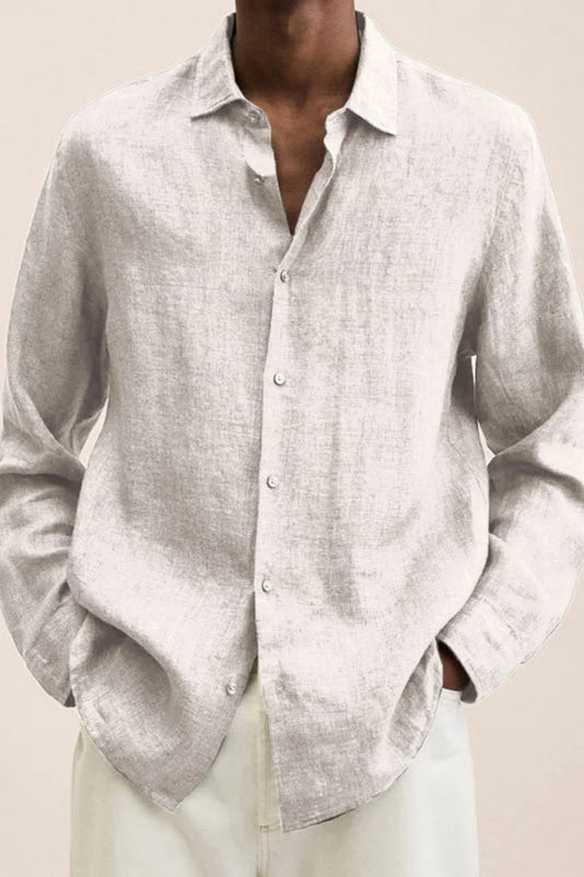 Men's Linen Cotton Long Sleeve Shirt Casual Loose Fit Button Down Collar Breathable Solid Color Summer Tops For Men