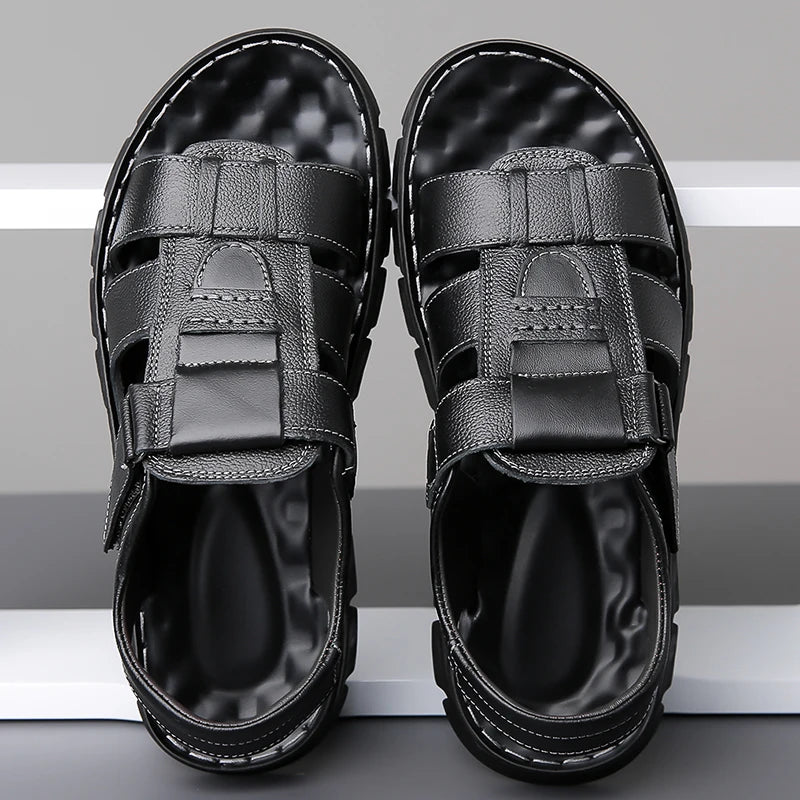 Men's Sandals Adjustable Solid Color Shoes Summer Casual Comfort with Durable Rubber Sole, Breathable PU for Outdoor Walking
