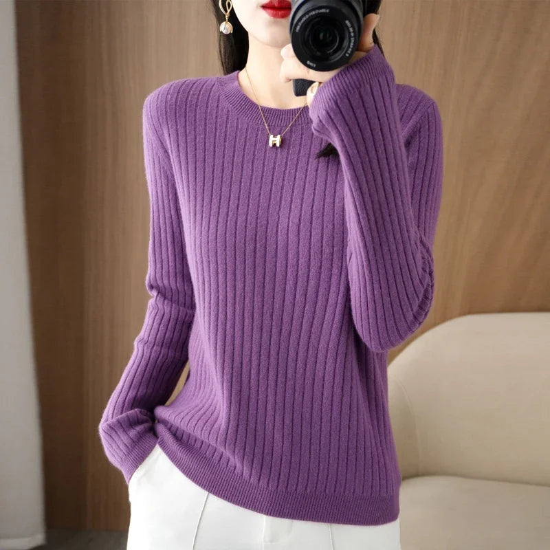 2026 Women Sweaters Autumn Winter Long Sleeve Pullovers O-neck Stripe Warm Pullover Korean Fashion Bottoming Shirts Loose Jumper