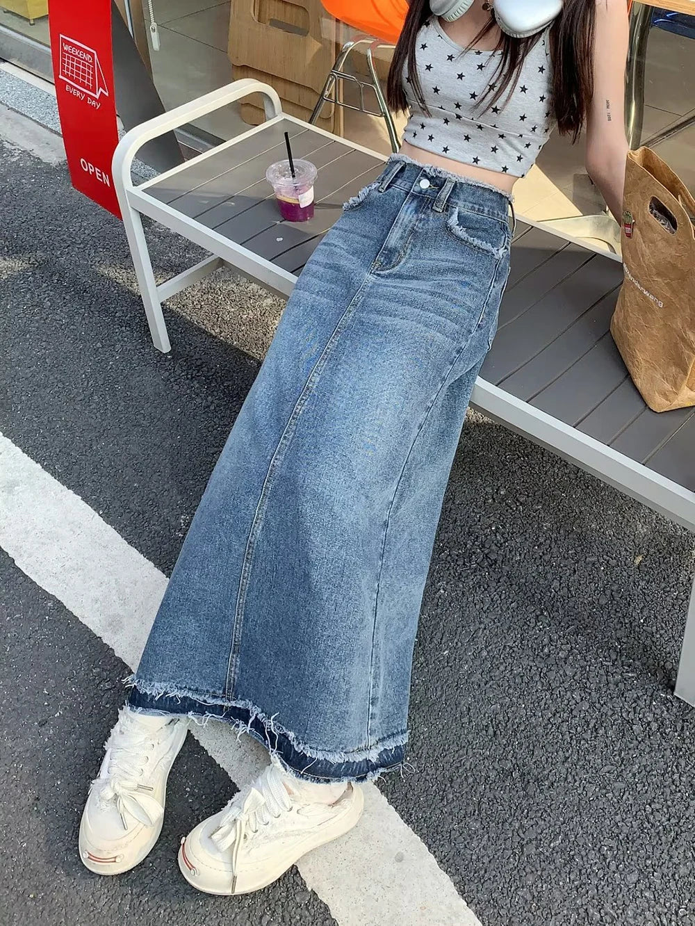 Summer Street Style Rough Edge Skirt Korean Version Women Retro Casual High-waisted A-line Skirt Temperament Loose Denim Skirts