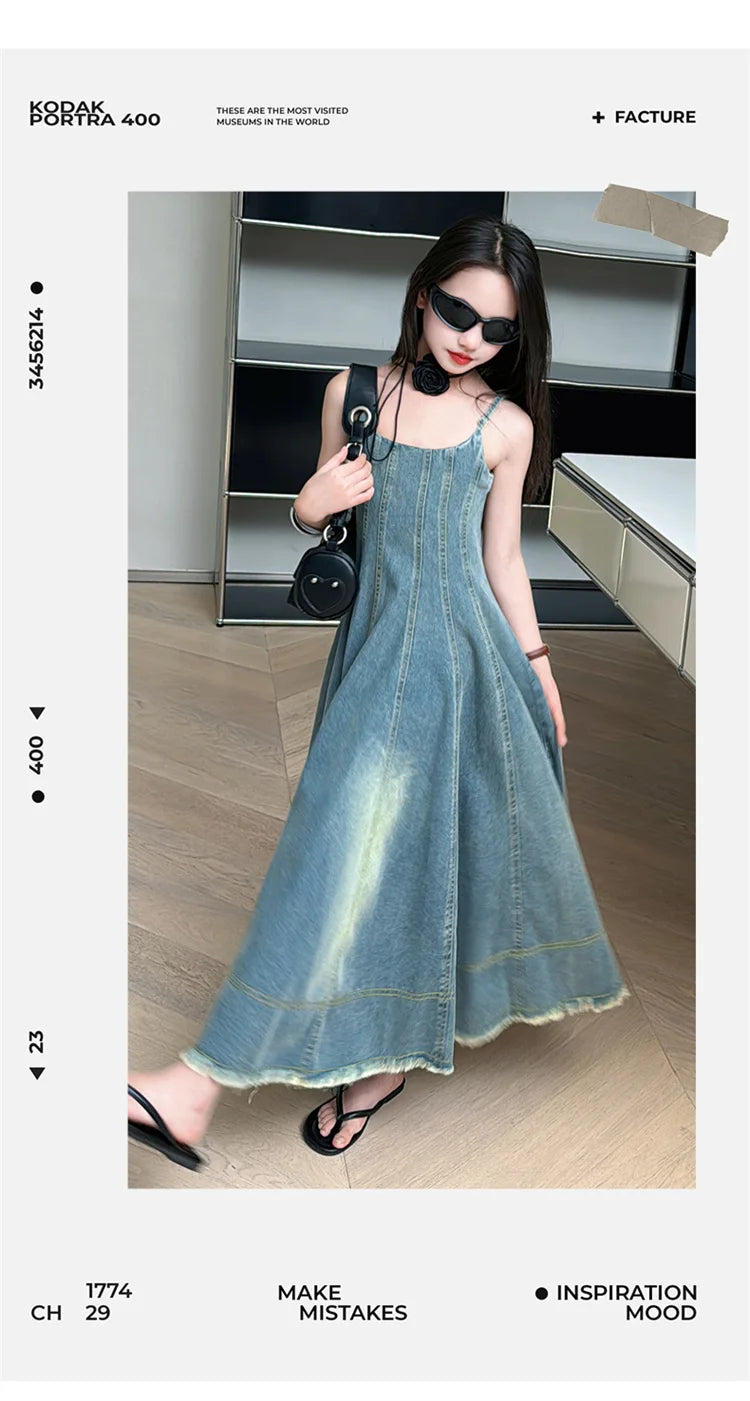 Kids Luxury Clothing Summer Denim Dress with Straps for Teenage Girls High Fashion Streetwear Outfit Children Casual Jeans Dress
