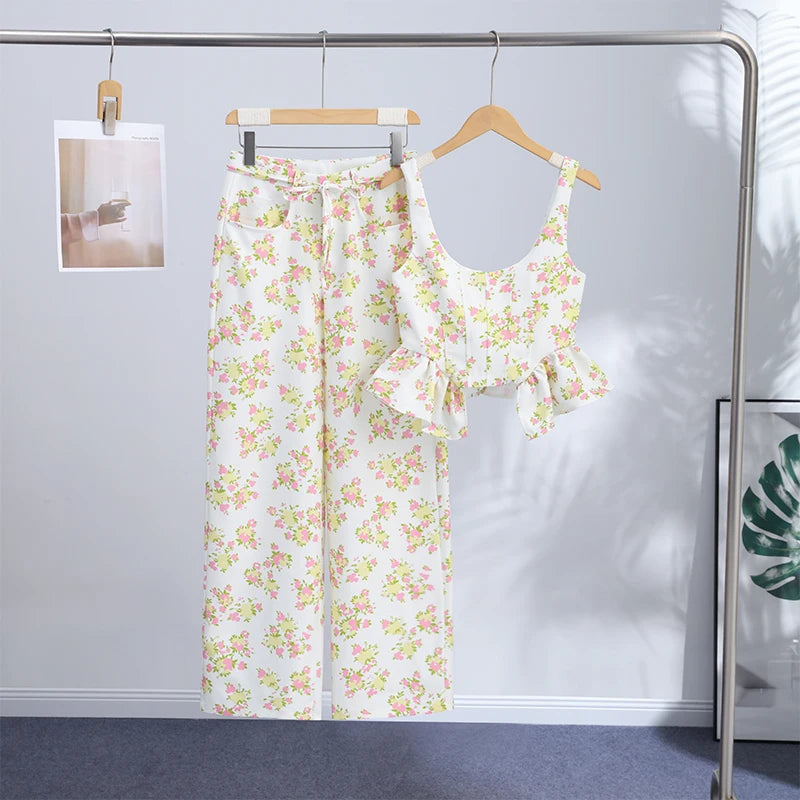 Floral Printed Women Long Pants Set Elegant Sleeveless Backless Vest Wide Leg Trousers Chic Holiday Vacation Lady Summer Outfits