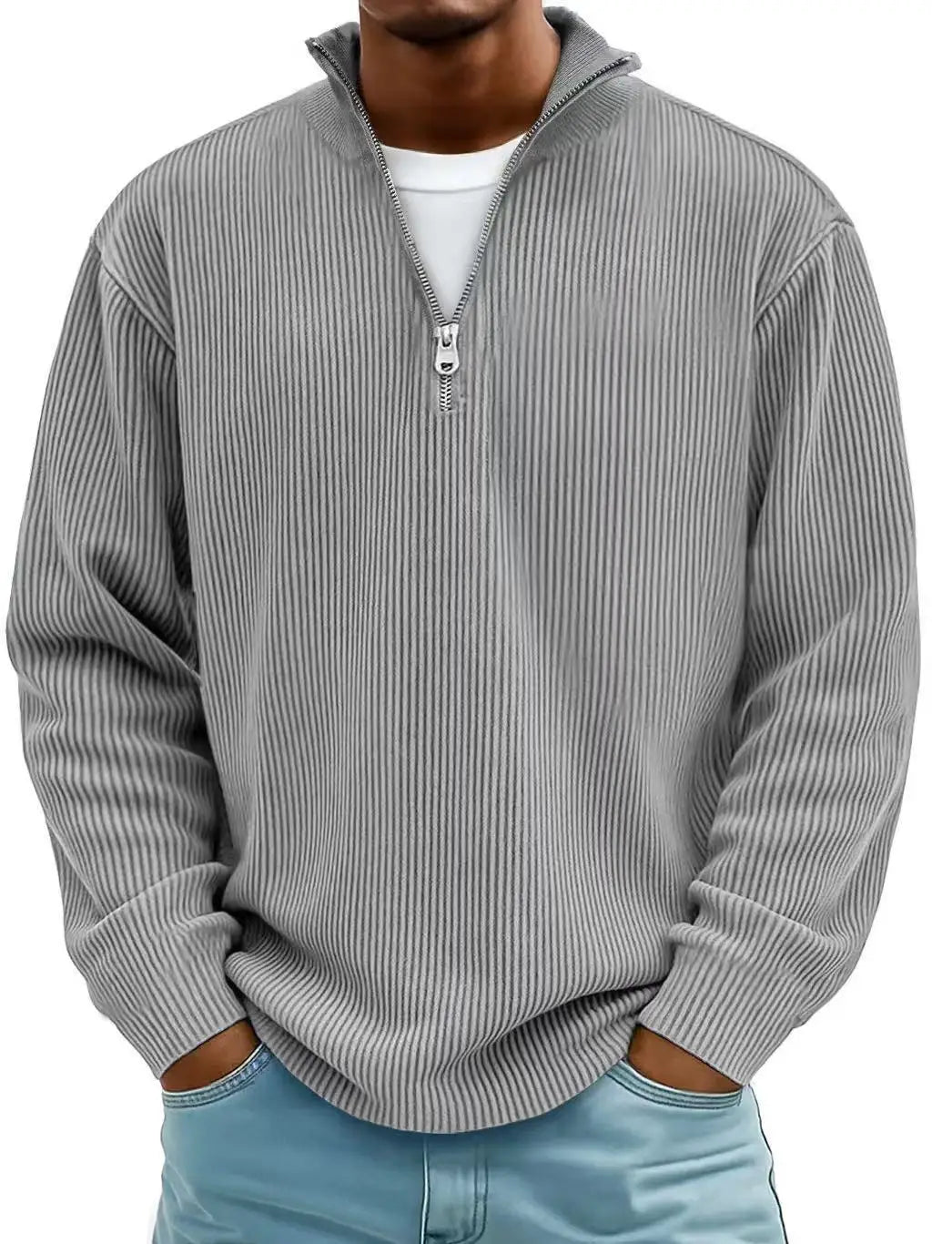 autumn/winter new men's fashion versatile casual stand up collar half zipper design corduroy long sleeved polo shirt sweatshirt