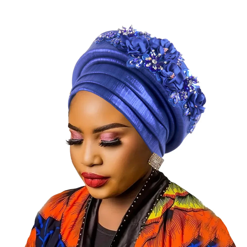African Women's Turban Cap Diamond Flower Nigeria Auto Gele Headtie Already Made Wedding Geles Female Head Wraps Hat Party Mujer