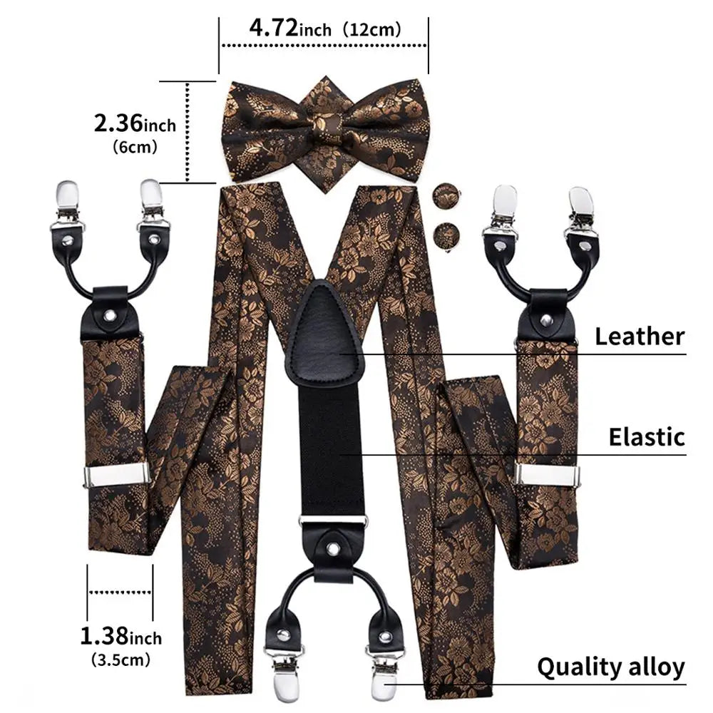 Hi-Tie Silk Adult Men's suspenders Set Leather Metal 6 Clips Braces Gold Brown Floral Vintage Men Fashion Wedding Suspenders Men BAZAARHUBO