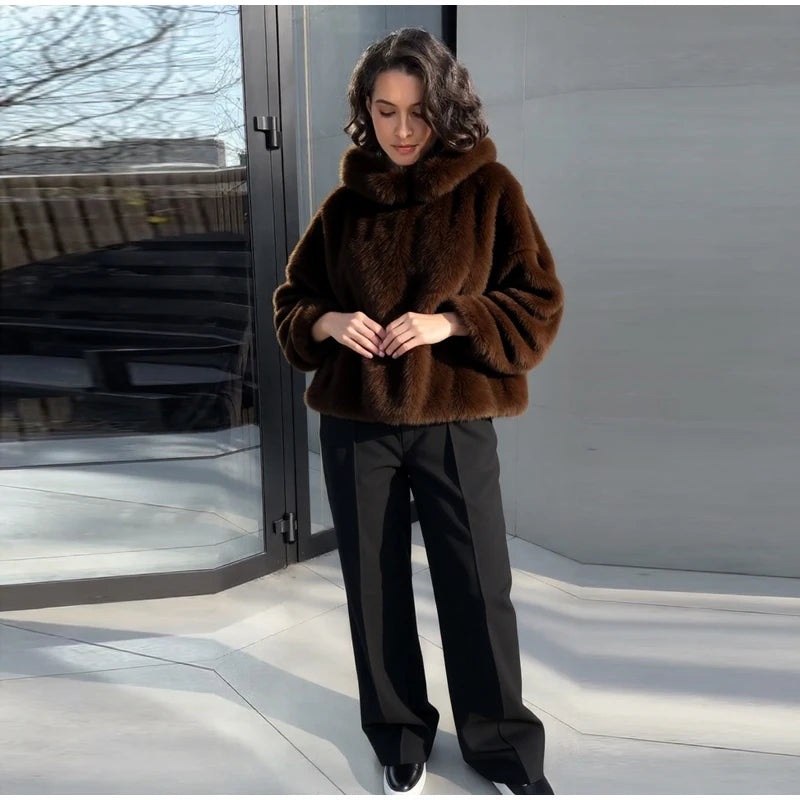 Luxury Faux Fur Hooded Pullovers Women's Loose Full Sleeve Stand Collar Pocket Coats 2025 New Autumn Winter Ladies Solid Outwear