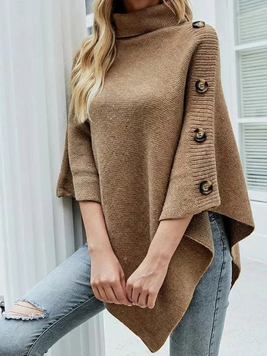 2025 Autumn Winter Shawl Cloak Sweater Solid Color Turtleneck Oversized Cape Coat Female Ponchos Pullover Knitted Bat Sleeve Top