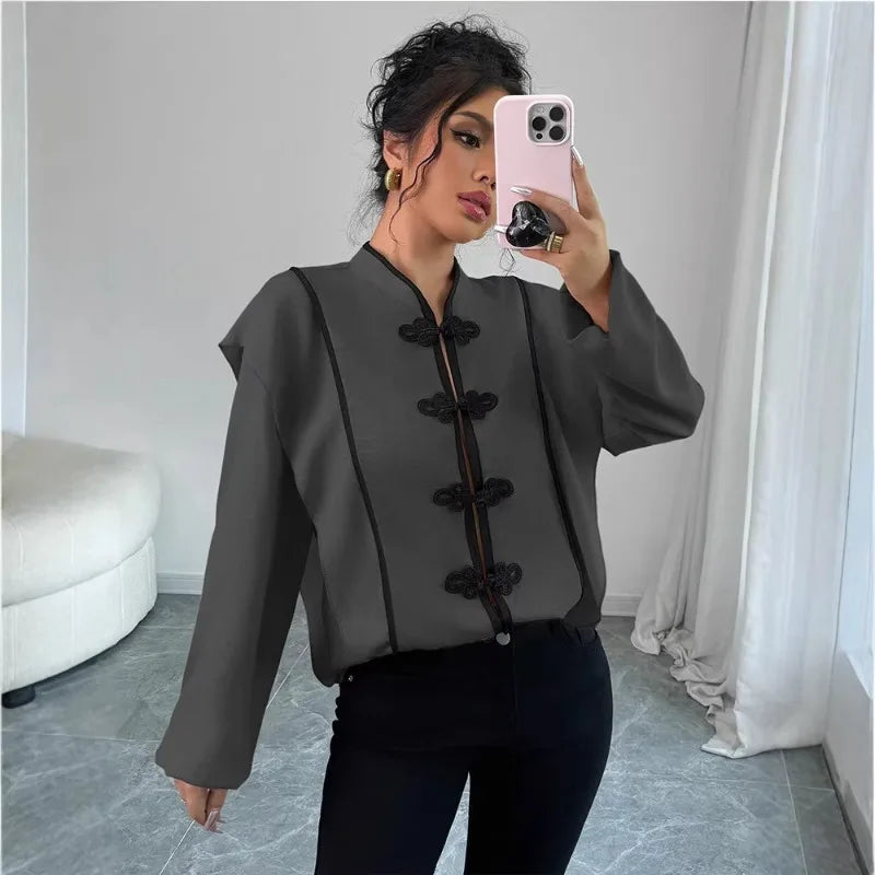 fashion Europe America Features Chinese Knot Design Long-sleeved Ethnic Style Which Casual The New Cross-border Women Shirt