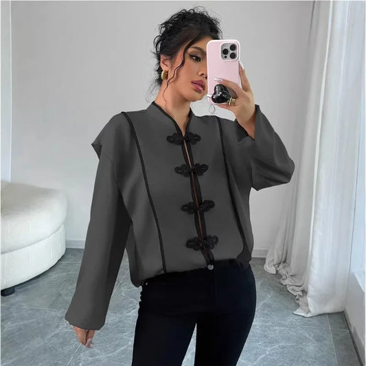 fashion Europe America Features Chinese Knot Design Long-sleeved Ethnic Style Which Casual The New Cross-border Women Shirt