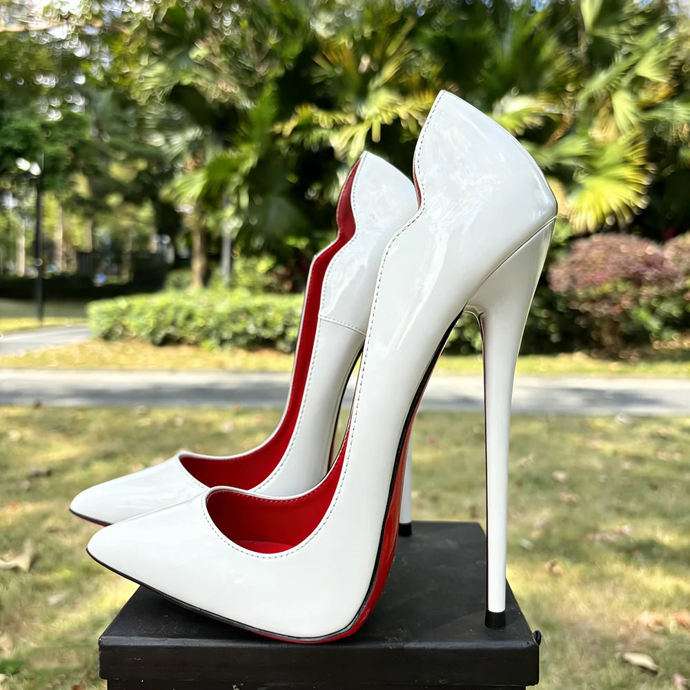 2026 Customize Side V Cut 16cm Ultra High Heels Matte Black Red inside Woman Pumps Curl Cut Slip on Pointed toe T-stage Shoes