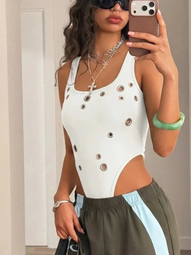 Summer Women's Sexy Spicy Girl Style Metal Eye Decoration Slim Fit Sleeveless Square Neck Vest Slim Fit Punk Jumpsuit Ins Style