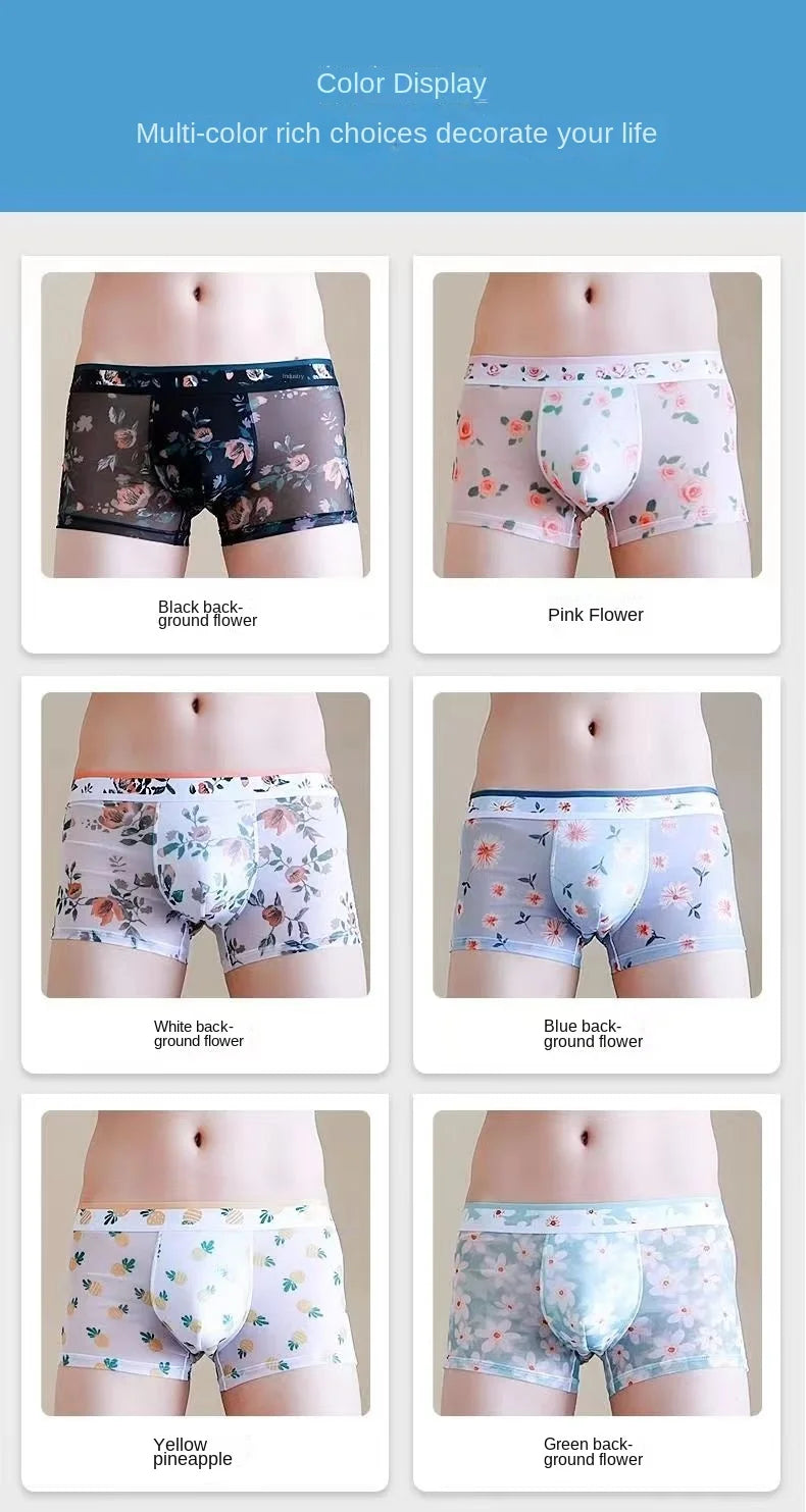 1pcs Sexy Mesh Boxer Men Underwear See Through Transparent Shorts Male Print Panties Plus Size Underpants U Convex Lingerie 6XL