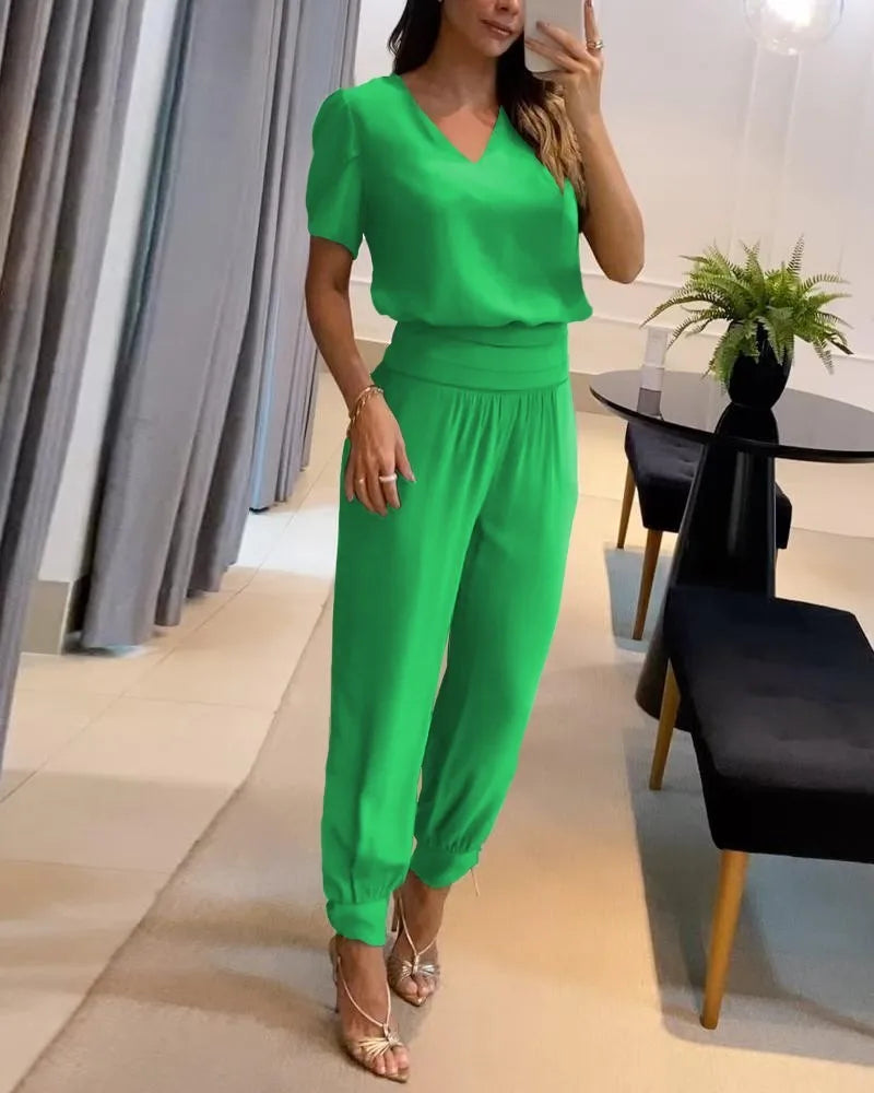 New Women's Summer Tracksuits Pant Sets Fashion Casual V-neck Print Short Sleeve T-shirts and Trousers 2 Piece Sets Women Outfit