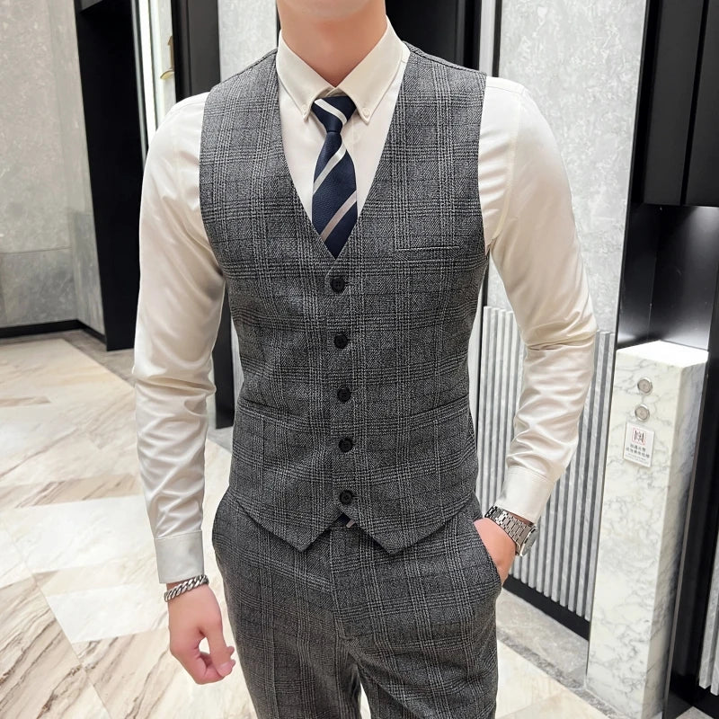 2023 Men's British Fashion Three-piece Set Slim Fit Suit Vest Trousers Ensemble Handsome Trendy All-in-one Banquet Blaze
