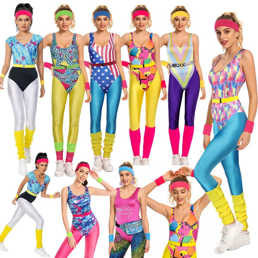 Adult Sportwear 6Pcs/Set 80s 90s Legging Cosplay Retro Costume For Halloween Headband Women Outfits Carnival Disguise Suit